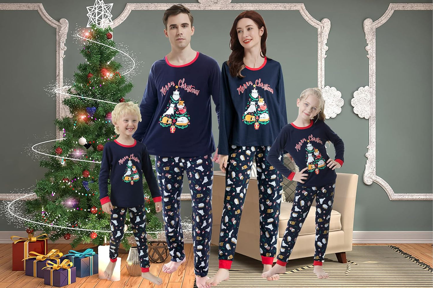 Family Matching Pajama Sets Cute Christmas Tree Sleepwear Snowman Holiday PJS for Couples and Kids